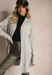 Szary Kardigan Nierozpinany o Długim Kroju Ozdobiony Tłoczeniem Vailithe. Szare swetry Renee, s, z aplikacjami, z jeansu, eleganckie, bez ramiączek. W wyprzedaży za 127.99 zł.