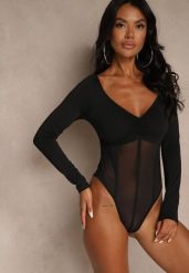 Czarne Body Vices o Fasonie Longsleeve z Dekoltem w Kształcie V Asstre. Czarne body i gorsety Renee, bez wzorów, z jeansu, bez ramiączek. Za 69.99 zł.