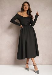 Czarna Sukienka Midi o Rozszerzanym Kroju z Paskiem w Talii i Dekoltem w Serek Vividia. Czarne sukienki Renee, na co dzień, s, bez wzorów, eleganckie, bez kołnierzyka, bez ramiączek, midi, rozkloszowane. Za 79.99 zł.