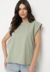 Zielony Bawełniany Top z Falbanką przy Ramionach Galantia. Zielone topy Born2be, s, bez wzorów, z bawełny, eleganckie, bez kołnierzyka, bez ramiączek. Za 79.99 zł.