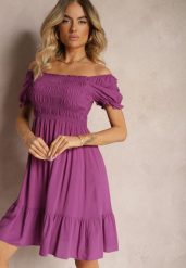 Ciemnofioletowa Bawełniana Sukienka o Rozkloszowanym Kroju z Gumką przy Dekolcie Moridia. Fioletowe sukienki Renee, na imprezę, m, bez wzorów, z bawełny, eleganckie, bez kołnierzyka, bez ramiączek, mini, dopasowane. W wyprzedaży za 39.99 zł.