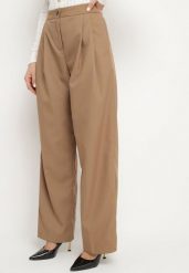 Ciemnobeżowe Szerokie Spodnie Garniturowe High Waist Nalinas. Brązowe jeansy Born2be, l, z aplikacjami, z jeansu, biznesowe, z podwyższonym stanem. W wyprzedaży za 93.49 zł.
