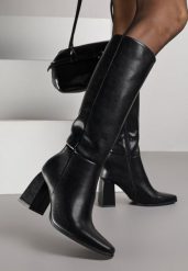 Czarne Skórzane Kozaki VICES do Kolana na Słupku w Eleganckim Stylu Reiandra. Czarne kozaki Renee, bez wzorów, z jeansu, eleganckie, bez obcasa, na obcasie, bez zapięcia. Za 299.99 zł.