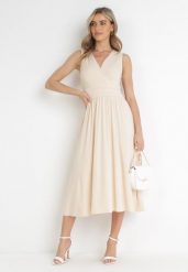 Beżowa Sukienka Midi Bez Rękawów z Plisowanym Dołem Dreana. Brązowe sukienki Born2be, na imprezę, l, bez wzorów, eleganckie, bez kołnierzyka, bez ramiączek, midi, plisowane. W wyprzedaży za 160.99 zł.