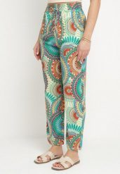 Zielone Bawełniane Spodnie o Szerokim Kroju z Wysokim Stanem ze Wzorem Boho Zarrive. Zielone jeansy Born2be, bez wzorów, z bawełny, boho, z podwyższonym stanem. Za 49.99 zł.