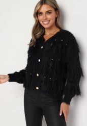 Czarny Puchaty Kardigan Wykończony Perełkami i Piórami Mavanora. Czarne swetry Born2be, z aplikacjami, z jeansu, klasyczne, bez ramiączek. Za 79.99 zł.