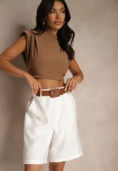 Białe Szorty z Wiskozą w Eleganckim Stylu z Paskiem z Klamrą Aravene. Białe szorty Renee, bez wzorów, z materiału, eleganckie. W wyprzedaży za 75.99 zł.