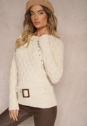Jasnobeżowy Sweter z Ozdobnym Paskiem i Splotem Vittella. Brązowe swetry Renee, m, z aplikacjami, z jeansu, casualowe, bez ramiączek. W wyprzedaży za 103.99 zł.