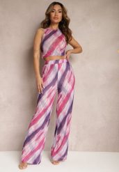 Fuksjowe Siateczkowe Spodnie Szerokie High Waist Mandiore. Czerwone jeansy Renee, l, bez wzorów, z jeansu, eleganckie, z podwyższonym stanem. W wyprzedaży za 83.99 zł.