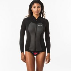 Kurtka surfingowa damska Olaian 900 z neoprenu 1,5 mm. Czarne kurtki OLAIAN, xl, bez wzorów, z neoprenu, sportowe, bez kaptura. Za 219.99 zł.