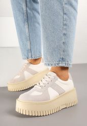 Beżowo-Szare Sneakersy w Stylu Tenisówek na Platformie z Tłoczeniami Firreis. Brązowe kombinezony Born2be, bez wzorów, z jeansu, casualowe, bez kołnierzyka, bez ramiączek. W wyprzedaży za 93.49 zł.