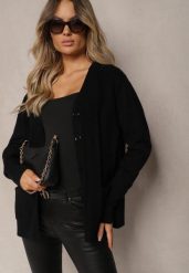 Czarny Kardigan z Dodatkiem Bawełny Ozdobiony Tłoczeniami i Kieszeniami Mavalin. Czarne swetry Renee, l, bez wzorów, z bawełny, eleganckie, bez ramiączek. Za 79.99 zł.