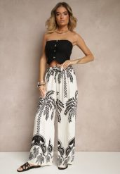 Białe Spodnie z Wiskozy o Szerokim Kroju High Waist z Palmami Varritia. Białe jeansy Renee, na lato, l, bez wzorów, z jeansu, eleganckie, z podwyższonym stanem. W wyprzedaży za 29.99 zł.
