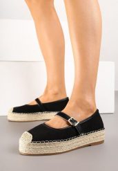 Czarne Espadryle z Plecionką i Paskiem Fevolise. Czarne espadryle Renee, bez wzorów, z jeansu, eleganckie, bez obcasa, na platformie. W wyprzedaży za 67.99 zł.
