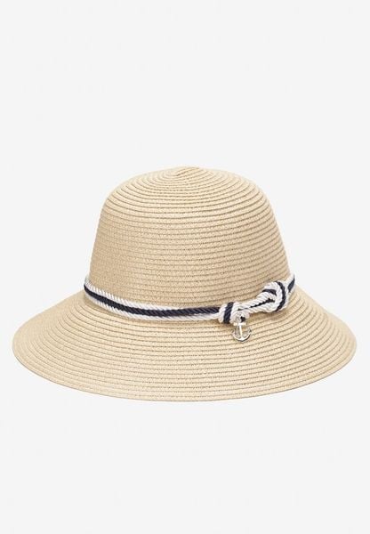 Jasnobeżowy Szeroki Kapelusz Ozdobiony Plecionką i Taśmą Tanga. Brązowe kapelusze Born2be, na lato, bez wzorów. Za 34.99 zł.