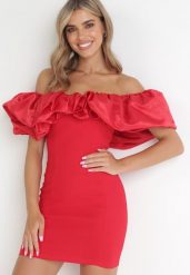 Czerwona Sukienka Dopasowana z Falbanami Acore. Czerwone sukienki Born2be, na imprezę, m, bez wzorów, eleganckie, bez kołnierzyka, bez ramiączek, mini, dopasowane. W wyprzedaży za 118.99 zł.