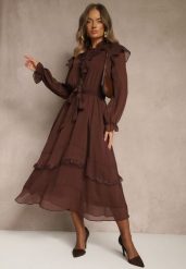 Brązowa Wiktoriańska Sukienka o Rozkloszowanym Kroju z Falbanami i Paskiem Isofina. Brązowe sukienki Renee, na co dzień, m, bez wzorów, wiktorianskie, bez kołnierzyka, bez ramiączek, maxi, rozkloszowane. Za 159.99 zł.
