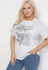 Jasnoszary T-shirt z Bawełny z Metalicznym Nadrukiem Olianea. Szare t-shirty Born2be, xl, bez wzorów, z bawełny, klasyczne, bez kołnierzyka, bez ramiączek. Za 69.99 zł.