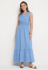 Niebieska Sukienka o Rozkloszowanym Kroju Bez Rękawów z Kopertowym Dekoltem Filoria. Niebieskie sukienki Born2be, l, bez wzorów, eleganckie, bez kołnierzyka, bez ramiączek, maxi, kopertowe. W wyprzedaży za 63.74 zł.