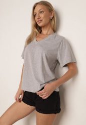 Szary T-shirt z Bawełny z Trójkątnym Dekoltem Siliphe. Szare t-shirty Born2be, uniwersalny, bez wzorów, z bawełny, biznesowe, bez kołnierzyka, bez ramiączek. Za 79.99 zł.