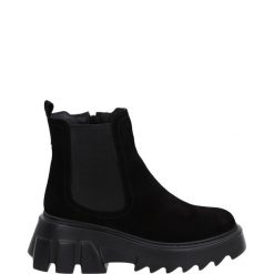 DAMSKIE BOTKI 221325 SUE BLACK. Czarne botki Venezia, bez wzorów, ze skóry, bez obcasa, na platformie, bez zapięcia. Za 279.00 zł.