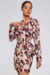 Elegancka sukienka z drapowaniem dekoltem V i modnym nadrukiem. Sukienki Sukienki.shop, na spotkanie biznesowe, l, bez wzorów, eleganckie, bez kołnierzyka, bez ramiączek. Za 409.00 zł.