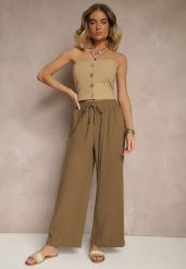 Jasnobrązowe Spodnie High Waist Szerokie z Bawełny Wiązane w Pasie z Gumką w Talii Yaslio. Brązowe jeansy Renee, bez wzorów, z bawełny, eleganckie, z podwyższonym stanem. W wyprzedaży za 29.99 zł.