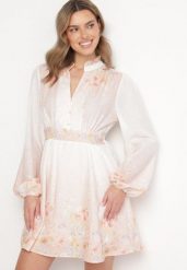 Różowa Sukienka w Kwiaty o Rozkloszowanym Kroju z Bufiastymi Rękawami Tulhira. Czerwone sukienki Born2be, na co dzień, l, bez wzorów, eleganckie, bez kołnierzyka, bez ramiączek, mini, rozkloszowane. Za 139.99 zł.