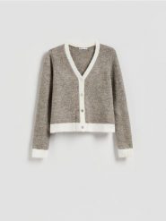 Kardigan z kontrastowymi wstawkami - brązowy. Brązowe swetry Reserved, l, bez wzorów, z dzianiny, bez ramiączek. Za 129.99 zł.