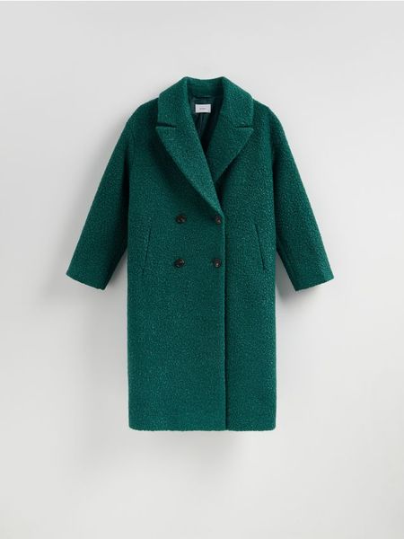 Dwurzędowy płaszcz oversize - morski. Zielone płaszcze Reserved, l, bez wzorów, z tkaniny, bez kaptura. Za 279.99 zł.