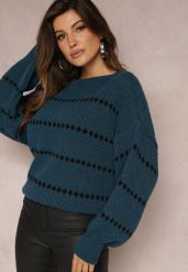 Granatowy Sweter z Szerokimi Bufiastymi Rękawami i Drobnym Wzorem Nigistis. Niebieskie swetry Renee, z aplikacjami, z dzianiny, casualowe, bez ramiączek. W wyprzedaży za 63.99 zł.