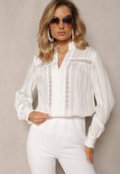 Biała Oversizowa Koszula Ozdobiona Ażurową Koronką Miaraha. Białe koszule Renee, l, w ażurowe wzory, z jeansu, eleganckie, bez kołnierzyka, bez ramiączek. W wyprzedaży za 99.99 zł.