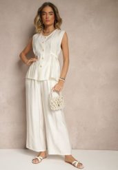 Jasnobeżowy Komplet Spodnie i Bluzka z Regulacją w Talii Zapinana na Guziki Dovanelle. Brązowe bluzki Renee, l, bez wzorów, eleganckie, bez kołnierzyka, bez ramiączek. W wyprzedaży za 99.99 zł.