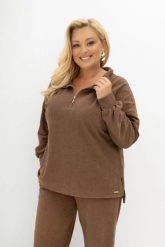 Oversizowa prążkowana bluza Good Day Ahead z kołnierzem i zamkiem w kolorze kakao/ciepły brąz Plus Size Oversize. Białe bluzy Moda Size Plus Iwanek, l, bez wzorów, z dzianiny, bez kaptura, trekkingowe. Za 219.90 zł.