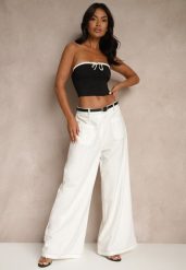 Białe Szerokie Spodnie High Waist z Wiskozą z Ozdobnymi Przeszyciami Linadia. Białe jeansy Renee, bez wzorów, z jeansu, eleganckie, z podwyższonym stanem. W wyprzedaży za 111.99 zł.
