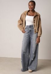 Niebieskie Bawełniane Jeansy Typu Palazzo Ozdobione Przetarciami i Dziurami Erivaine. Niebieskie jeansy Born2be, bez wzorów, z bawełny, eleganckie, z podwyższonym stanem. Za 139.99 zł.