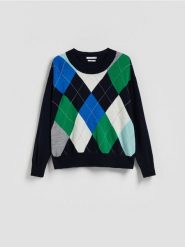 Sweter z wełną - granatowy. Niebieskie swetry Reserved, l, bez wzorów, z dzianiny, bez ramiączek. Za 159.99 zł.