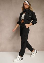 Czarne Spodnie z Bawełną Typu Cargo High Waist Puvoria. Czarne jeansy Renee, m, bez wzorów, z bawełny, z podwyższonym stanem. W wyprzedaży za 39.99 zł.