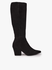 Czarne kozaki ze skóry welurowej. Czarne kozaki Ryłko, bez wzorów, ze skóry, eleganckie, bez obcasa, na obcasie, bez zapięcia. Za 679.99 zł.