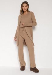 Ciemnobeżowy Komplet Dzianinowy z Bawełną Spodnie Kamizelka i Długi Kardigan Meviravia. Brązowe swetry Born2be, bez wzorów, z bawełny, eleganckie, bez ramiączek. Za 139.99 zł.