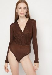 Brązowe Kopertowe Body z Domieszką Wiskozy Zdobione Brokatem i Cekinami Jaddie. Brązowe body i gorsety Born2be, z aplikacjami, z jeansu, bez ramiączek. Za 109.99 zł.