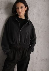 Czarna Bluza Bomberka z Bawełny Oversize Ozdobiona Kołnierzem Vimelles. Czarne bluzy Renee, m, bez wzorów, z bawełny, eleganckie, bez ramiączek, bez kaptura. Za 149.99 zł.