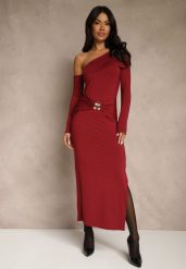 Bordowa Sukienka z Wiskozą Aplikacją Marszczeniem i Wywiniętym Dekoltem Reilenna. Czerwone sukienki Renee, m, z aplikacjami, z wiskozy, bez kołnierzyka, bez ramiączek, maxi. Za 119.99 zł.