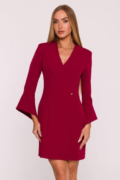 Elegancka sukienka trapezowa mini bordowa. Czerwone sukienki MOE, do pracy, l, bez wzorów, z tkaniny, biznesowe, bez kołnierzyka, bez ramiączek, mini, dopasowane. Za 379.00 zł.