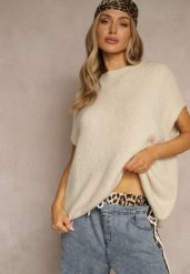 Beżowy Sweter z Bawełną w Stylu Nietoperza Nilariella. Brązowe swetry Renee, bez wzorów, z bawełny, biznesowe, bez ramiączek. W wyprzedaży za 127.99 zł.