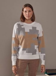 Rodier Sweter w kolorze szaro-jasnobrązowo-białym rozmiar: XL. Białe swetry Rodier, xl, bez wzorów, ze splotem, klasyczne, bez ramiączek. Za 241.55 zł.