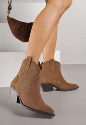 Brązowe Skórzane Botki Kowbojki na Stożkowym Obcasie Elinyra. Brązowe botki Born2be, bez wzorów, z jeansu, boho, bez obcasa, na obcasie, bez zapięcia. Za 199.99 zł.