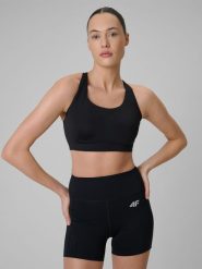 4F Biustonosz treningowy ze średnim wsparciem damski - czarny M. Czarne biustonosze sportowe 4f, bez wzorów, z gumy, na fitness i siłownię. Za 179.99 zł.
