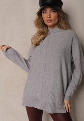 Szary Prążkowany Sweter z Półgolfem z Rozcięciami po Bokach Rerilla. Szare swetry Renee, bez wzorów, z dzianiny, eleganckie, bez ramiączek. W wyprzedaży za 71.99 zł.