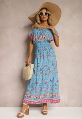 Niebieska Letnia Sukienka z Bawełny o Fasonie Hiszpanki z Gumką w Pasie i Wzorem Paisley Delsina. Niebieskie sukienki Renee, na imprezę, l, z aplikacjami, z bawełny, boho, bez kołnierzyka, bez ramiączek, maxi. W wyprzedaży za 27.99 zł.